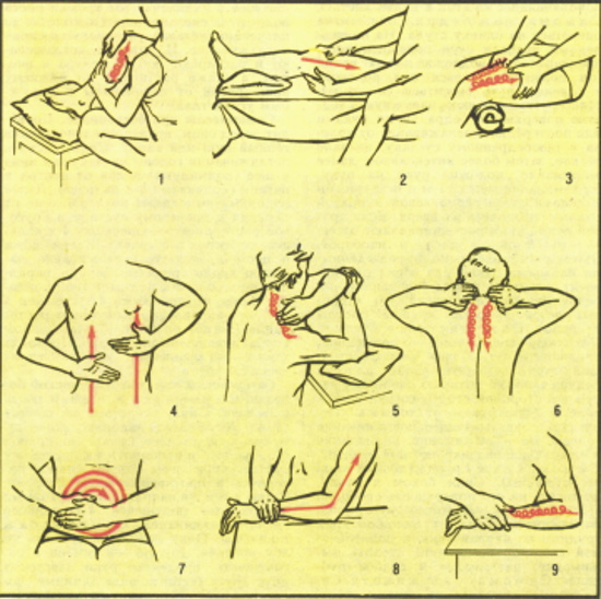 Описание техники выполнения приёмов классического массажа: поглаживание, растирание, разминание, ударные приёмы